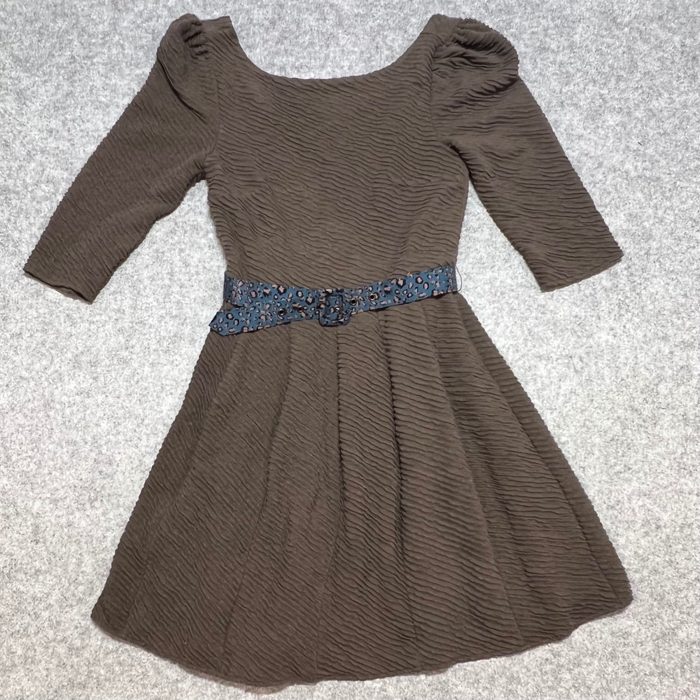 Ark & Co Brown Ripple Textured Fit Flare Dress Cottagecore Animal Printn Belt SM